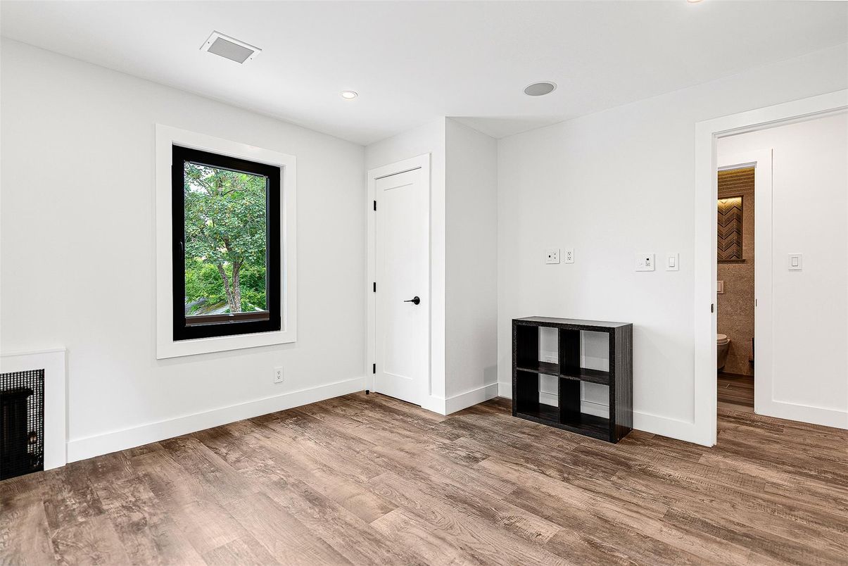 Empty room, Fireplace, Interior, Recessed Lighting, Wood Texture Flooring