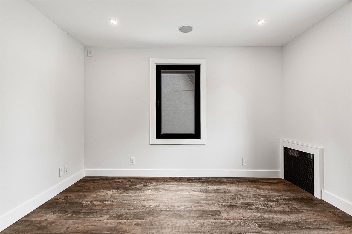 Empty room, Fireplace, Interior, Recessed Lighting, Wood Texture Flooring