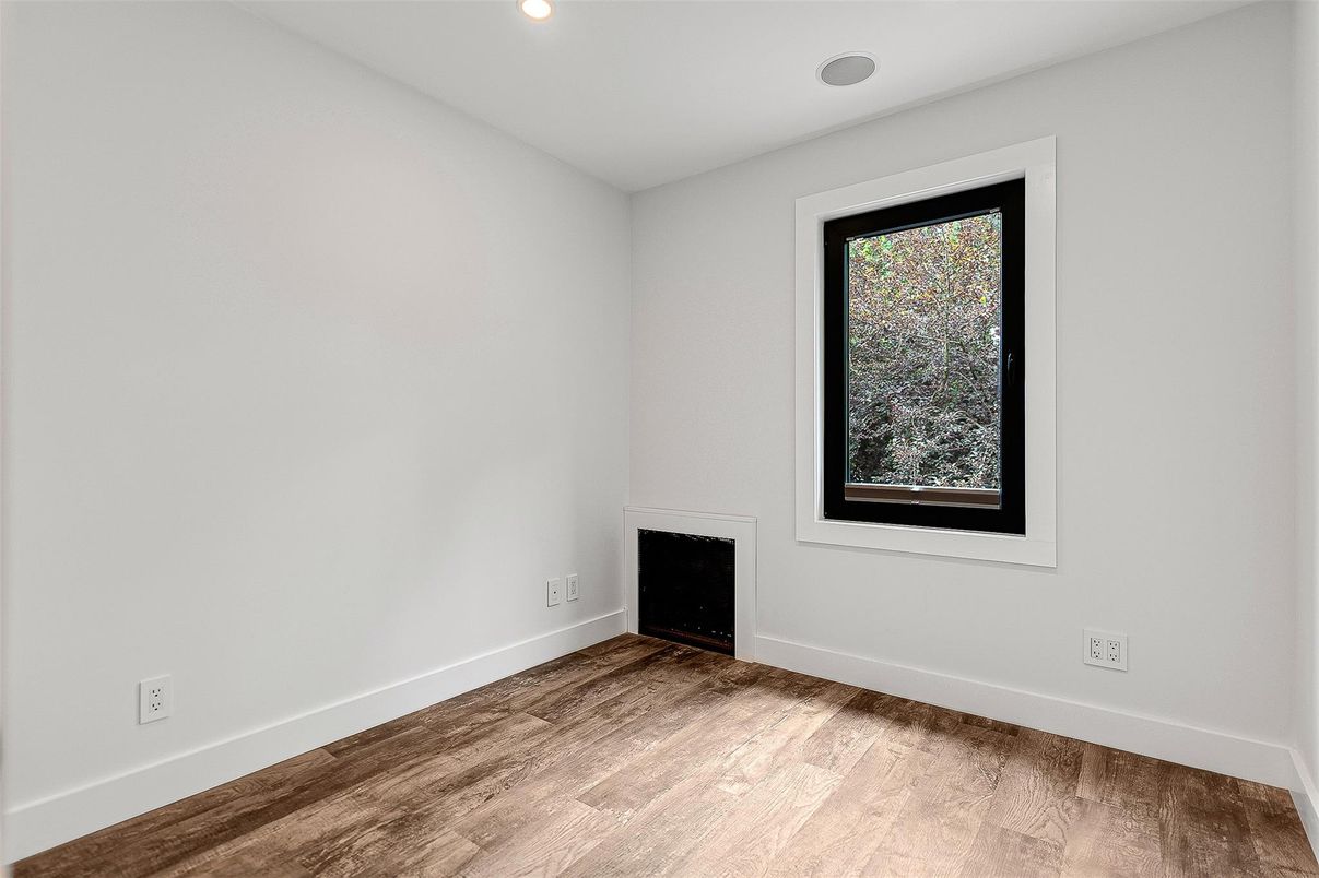 Empty room, Fireplace, Interior, Recessed Lighting, Wood Texture Flooring