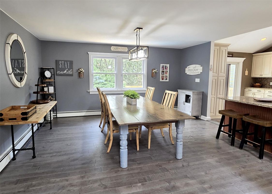 Dining room, Interior, Pendant Lights, Recessed Lighting, Wood Texture Flooring