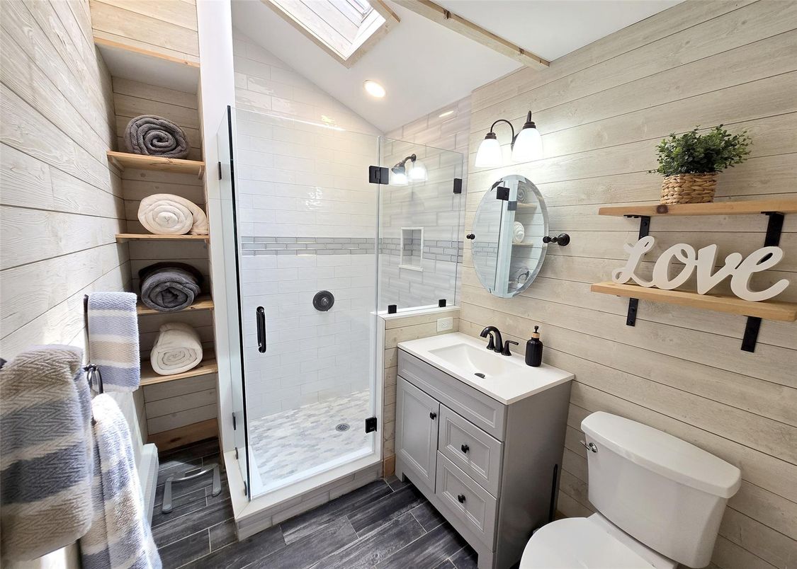 Bathroom, Glass Shower, Interior, Recessed Lighting, Wood Texture Flooring