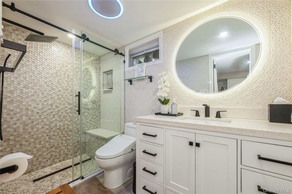 Bathroom, Glass Shower, Interior, Recessed Lighting, Wood Texture Flooring