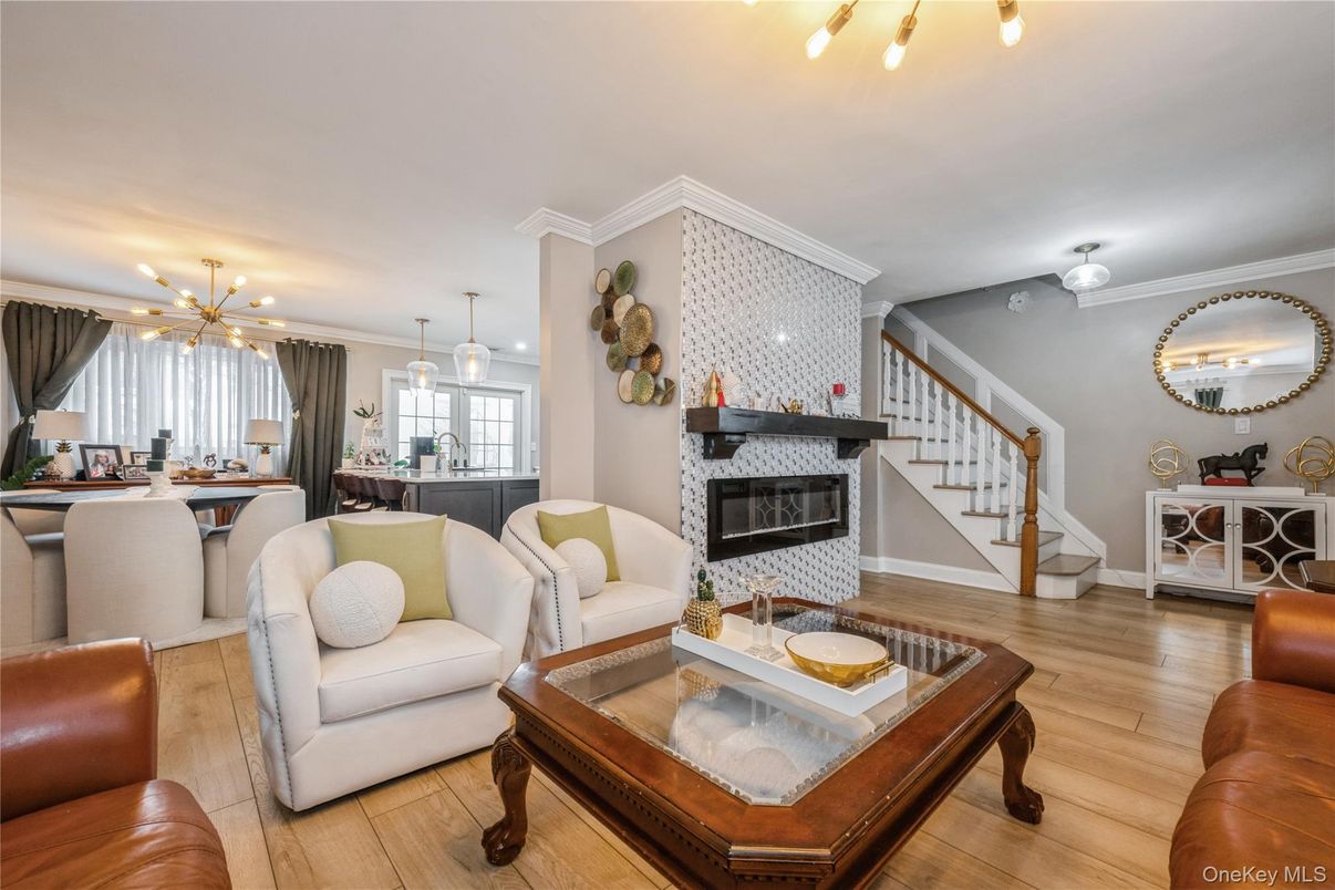 Fireplace, Interior, Kitchen, Living room, Pendant Lights, Wood Texture Flooring