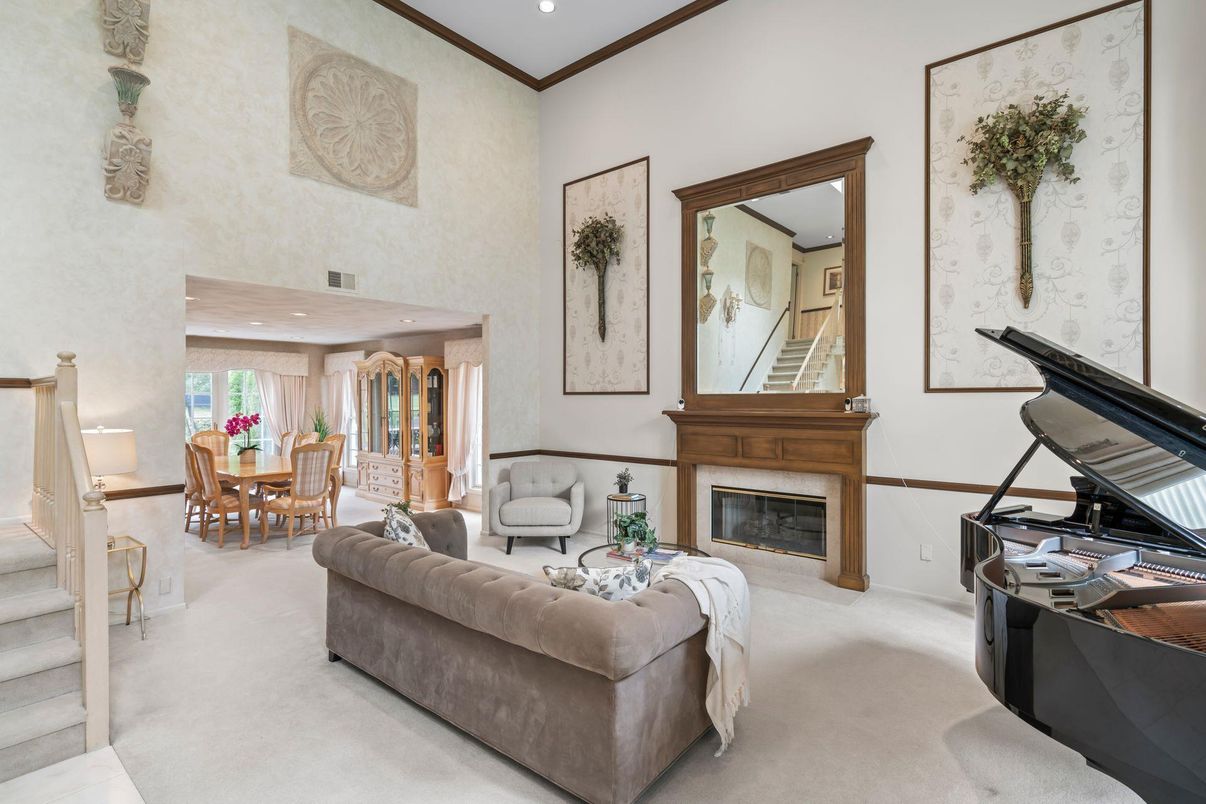 Dining room, Fireplace, Interior, Living room, Piano, Recessed Lighting