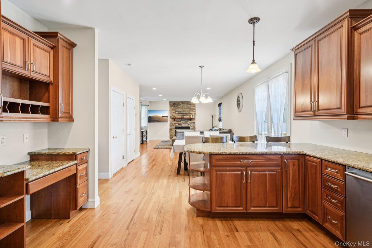 Dining room, Fireplace, Interior, Kitchen, Pendant Lights, Recessed Lighting, Wood Texture Flooring
