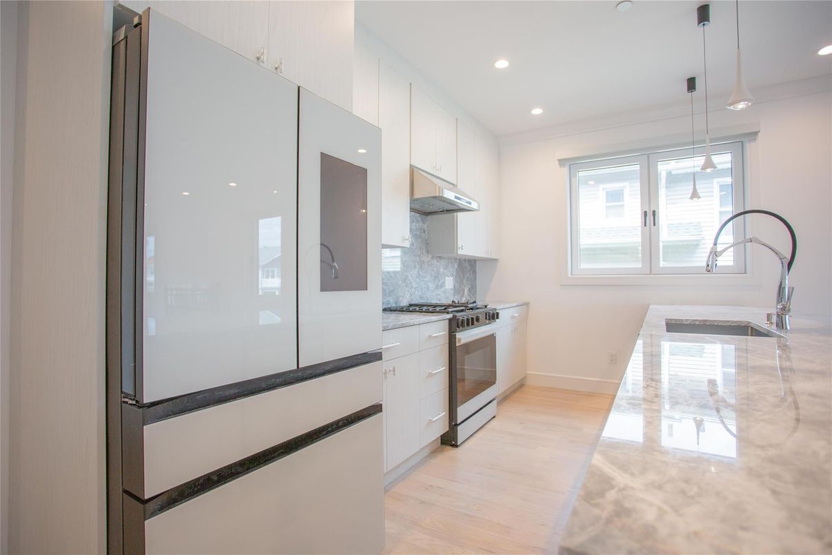 Interior, Kitchen, Pendant Lights, Recessed Lighting, Stainless Steel Appliances, Wood Texture Flooring