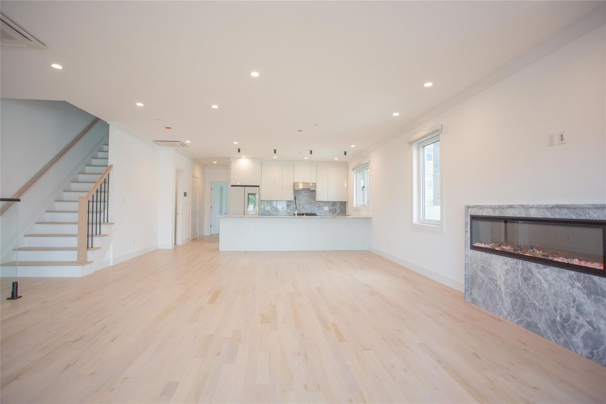 Fireplace, Interior, Kitchen, Pendant Lights, Recessed Lighting, Wood Texture Flooring