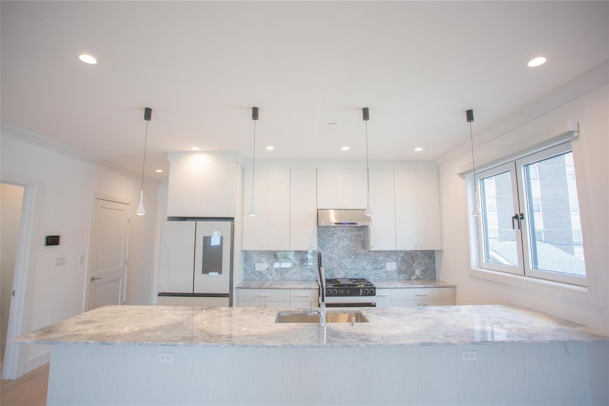 Interior, Kitchen, Pendant Lights, Recessed Lighting, Stainless Steel Appliances, Wood Texture Flooring
