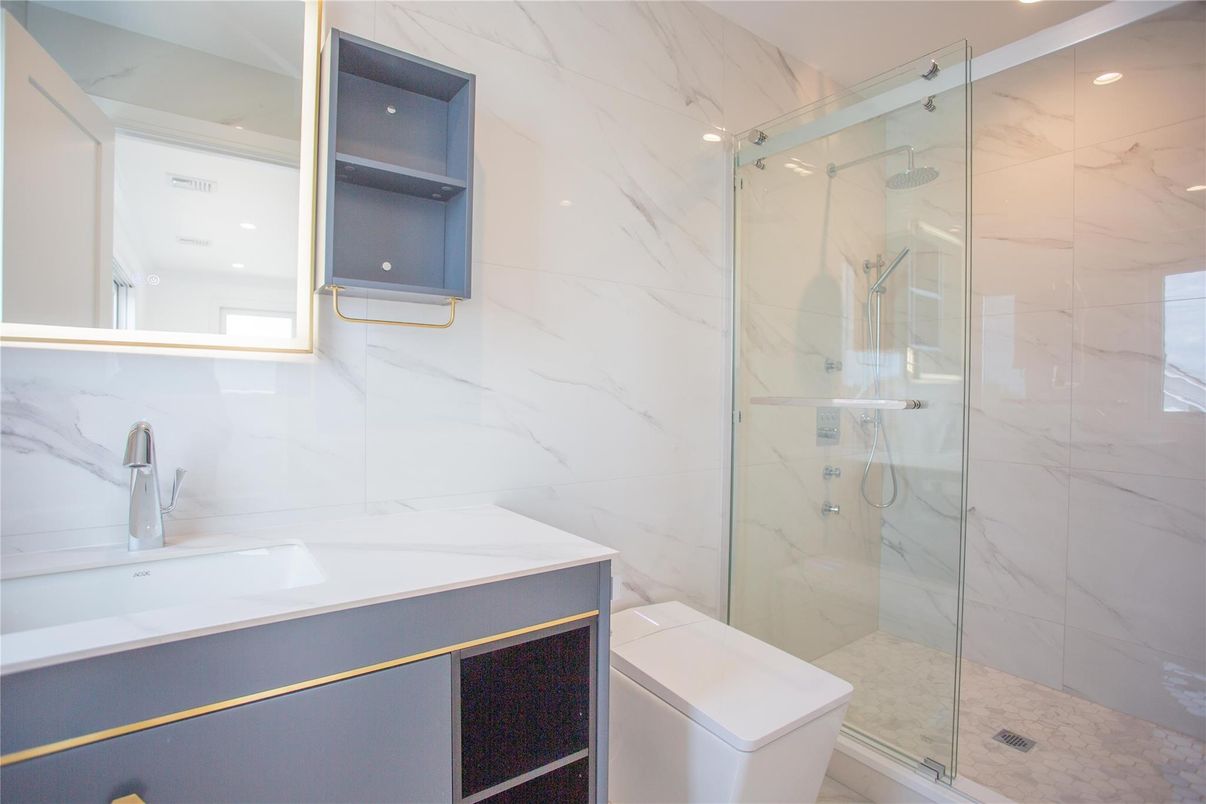 Bathroom, Glass Shower, Interior, Marble Walls, Recessed Lighting