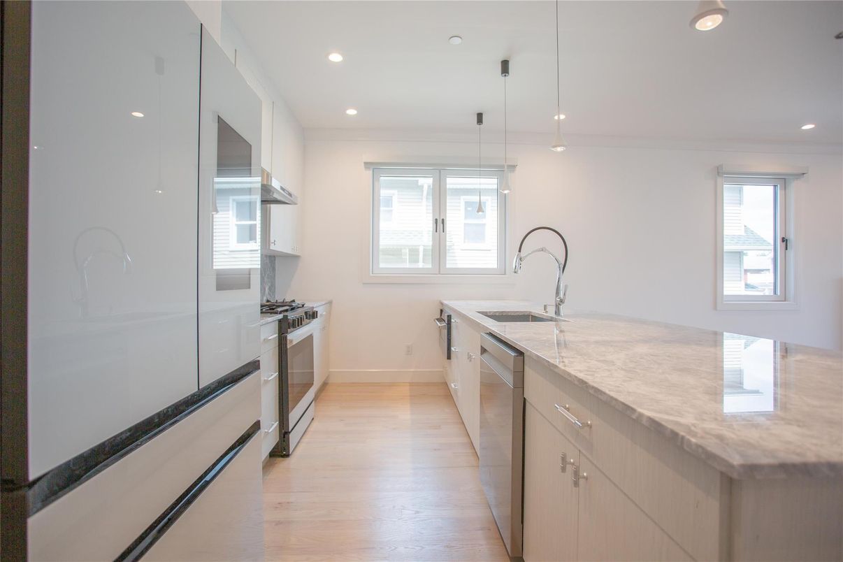 Interior, Kitchen, Pendant Lights, Recessed Lighting, Stainless Steel Appliances, Wood Texture Flooring