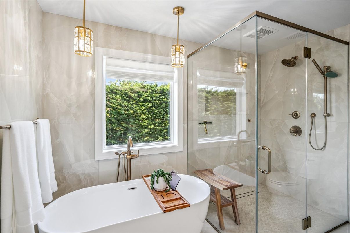 Bathroom, Glass Shower, Interior, Pendant Lights