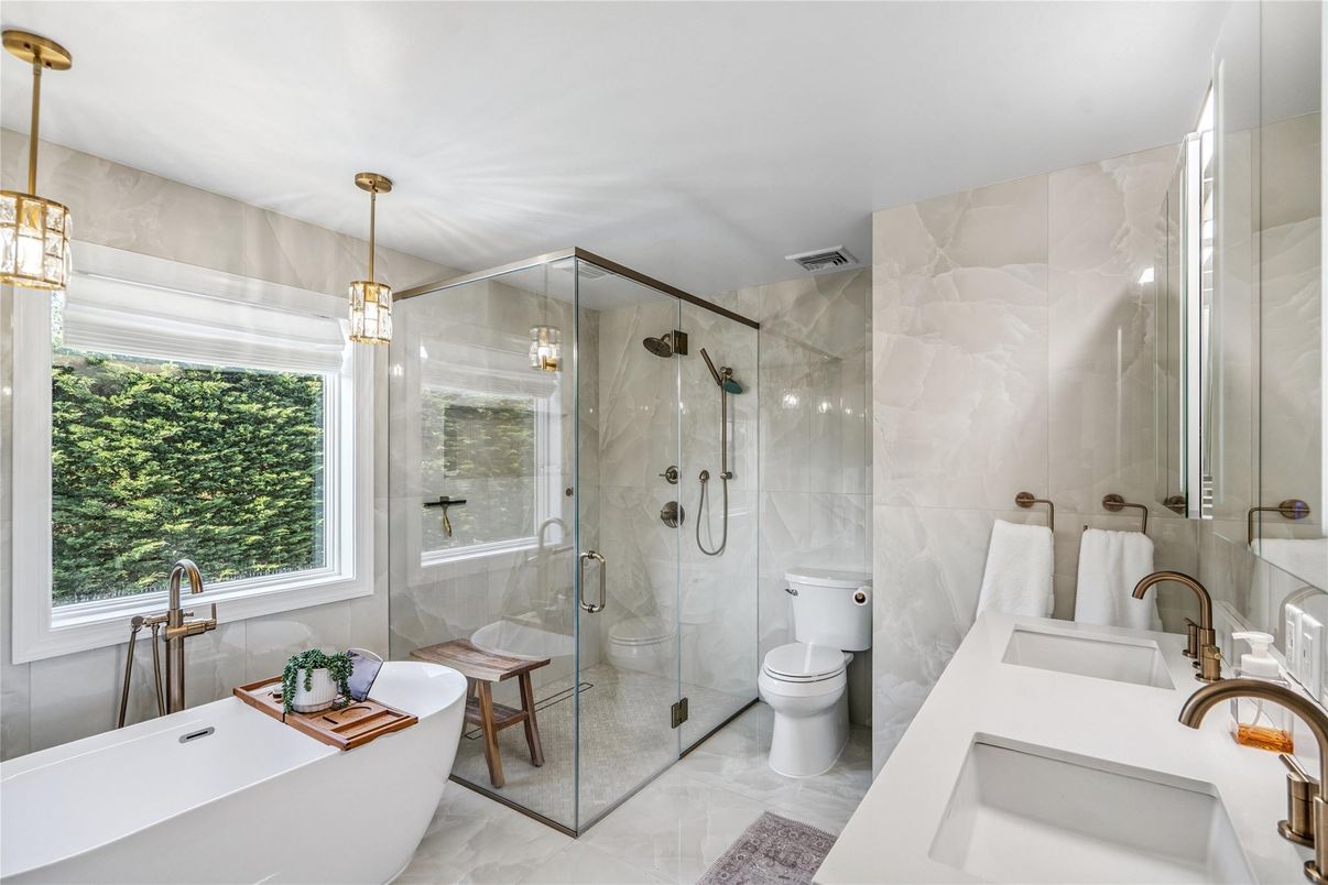 Bathroom, Dual Sink Vanities, Free Standing Baths, Glass Shower, Interior, Pendant Lights