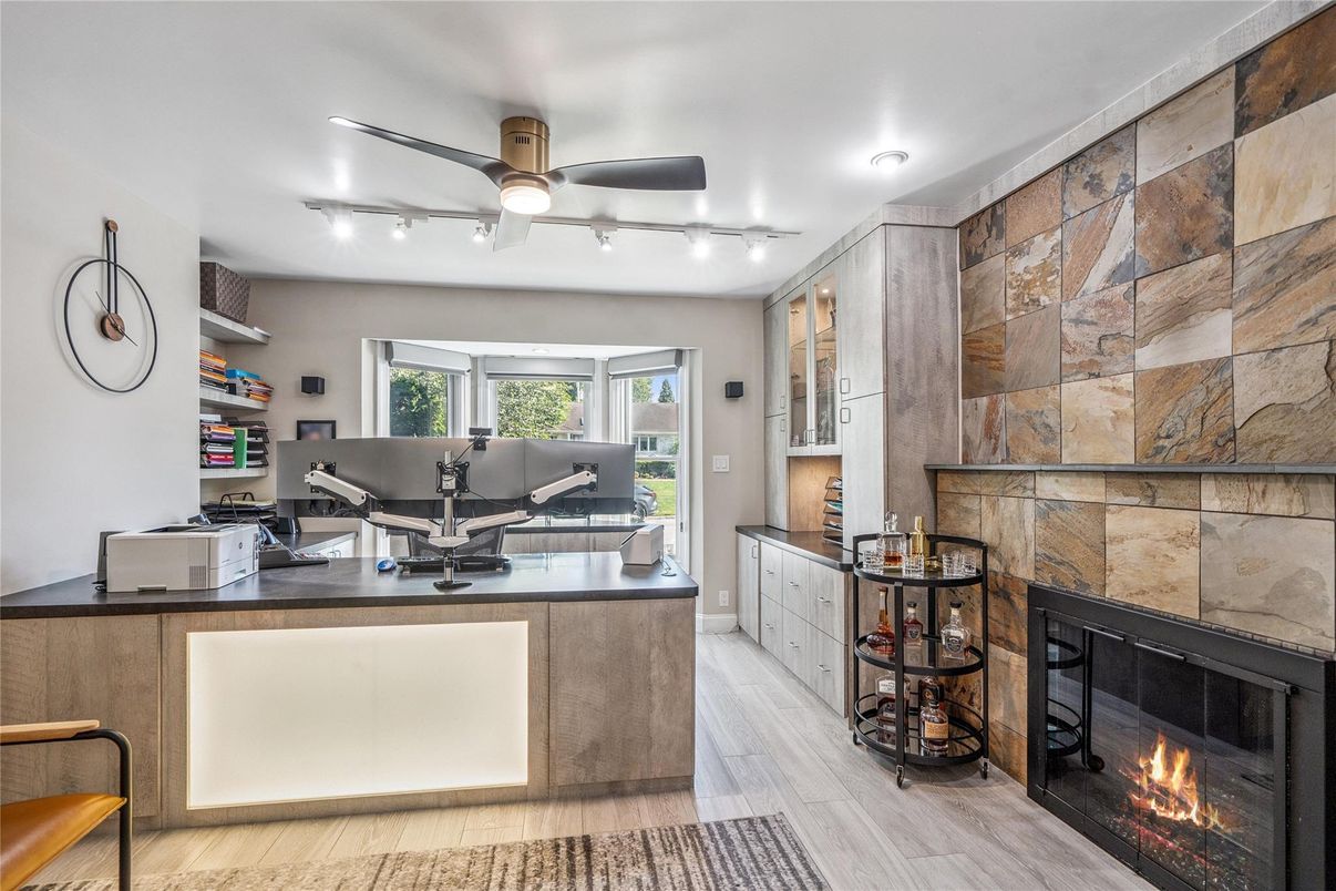 Fireplace, Interior, Recessed Lighting, Stone Walls, Wood Texture Flooring