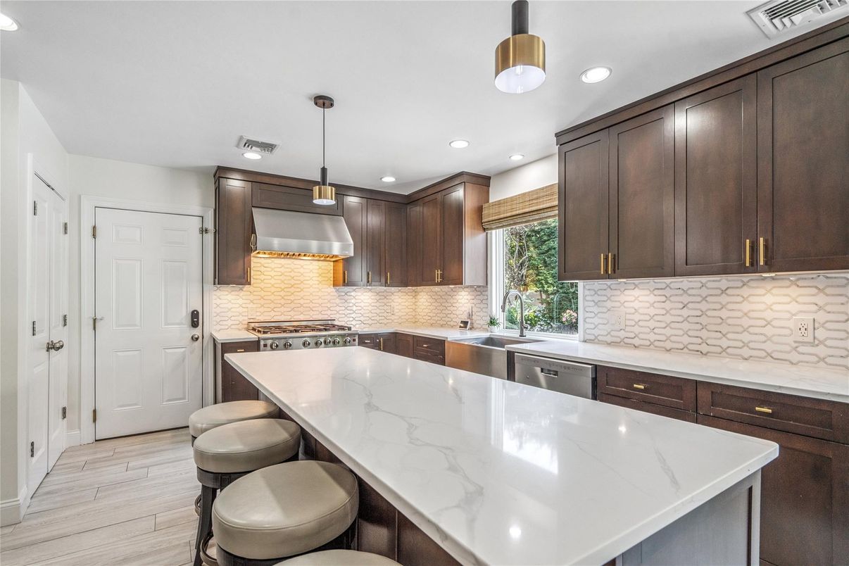 Interior, Kitchen, Pendant Lights, Recessed Lighting, Stainless Steel Appliances, Wood Texture Flooring