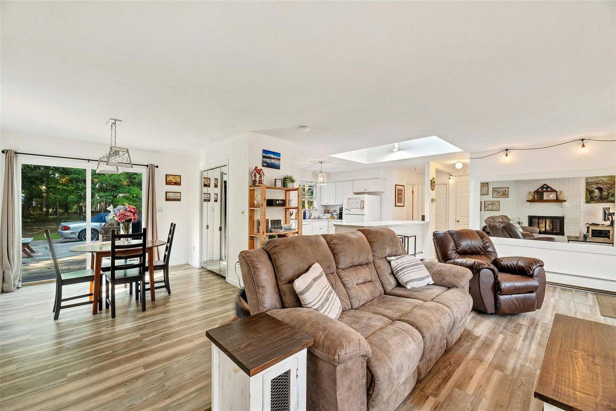 Dining room, Fireplace, Interior, Kitchen, Living room, Pendant Lights, Wood Texture Flooring