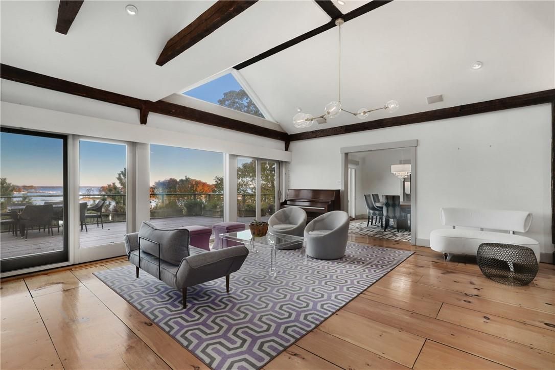Interior, Living room, Pendant Lights, Recessed Lighting, Water, Wooden Beams, Wood Texture Flooring