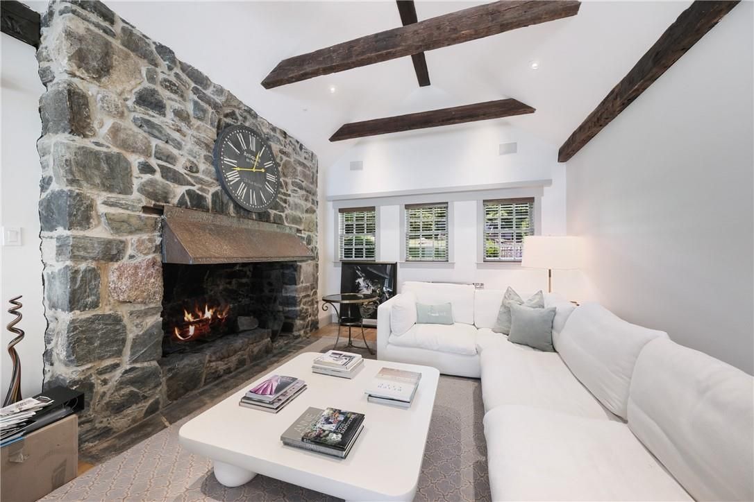 Fireplace, Interior, Living room, Recessed Lighting, Stone Walls, Wooden Beams