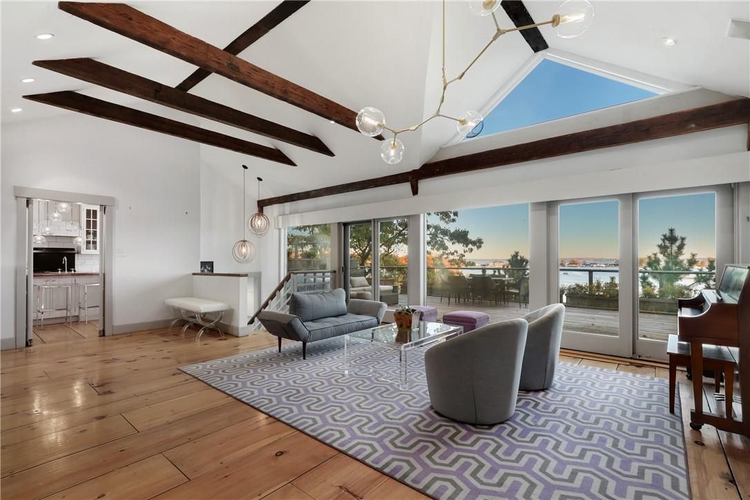 Interior, Living room, Pendant Lights, Piano, Recessed Lighting, Water, Wooden Beams, Wood Texture Flooring