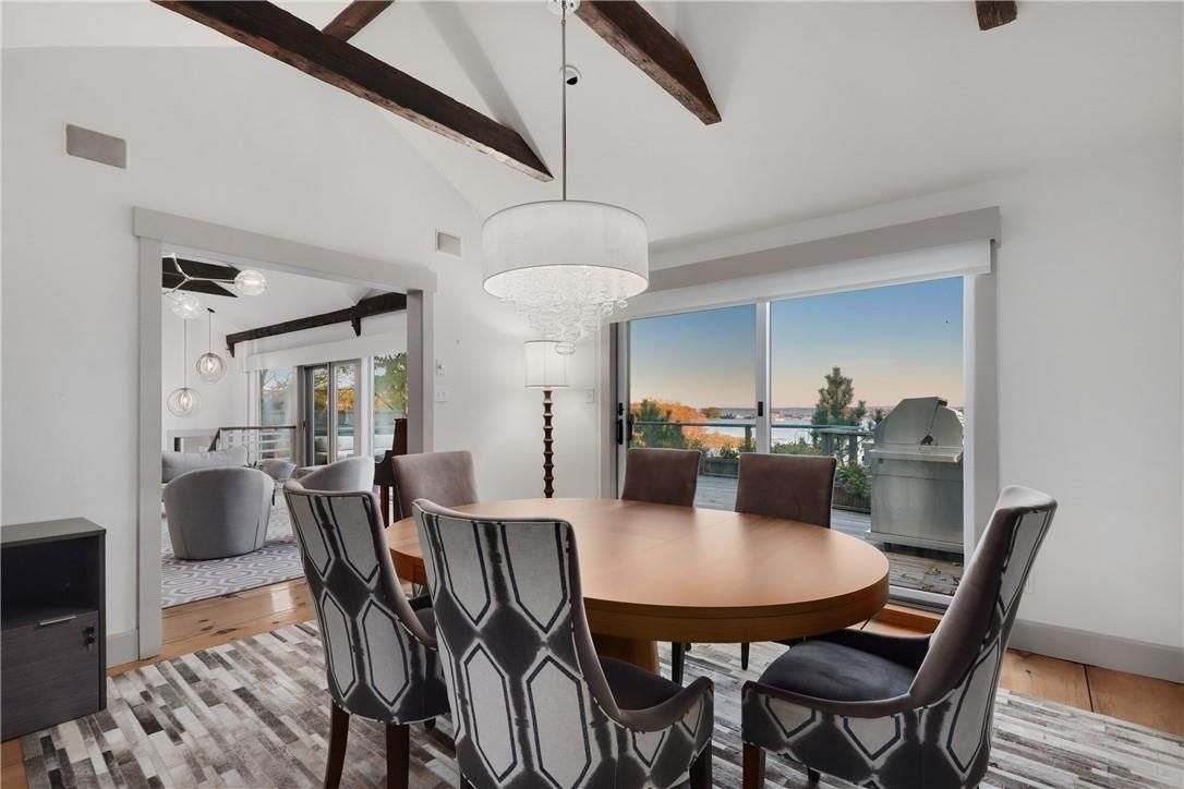 Chandelier, Dining room, Interior, Living room, Water, Wooden Beams, Wood Texture Flooring