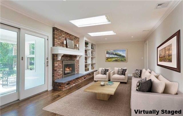 Fireplace, Interior, Living room, Recessed Lighting, Stone Walls, Wood Texture Flooring