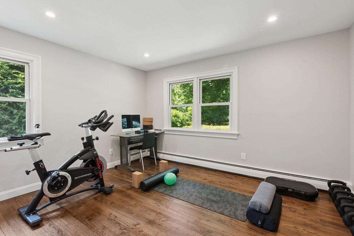 Fitness Equipment, Home Office, Interior, Recessed Lighting, Wood Texture Flooring