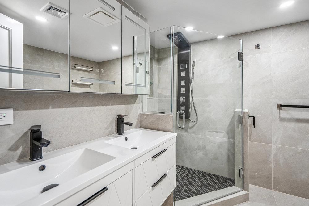 Bathroom, Dual Sink Vanities, Glass Shower, Interior, Recessed Lighting