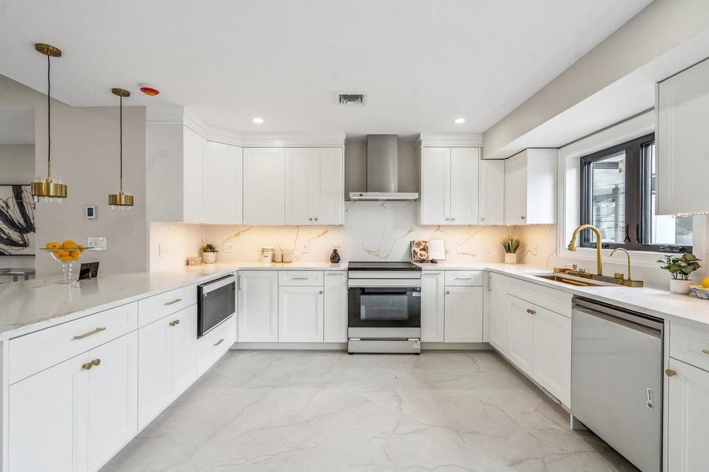 Interior, Kitchen, Marble, Pendant Lights, Recessed Lighting, Stainless Steel Appliances