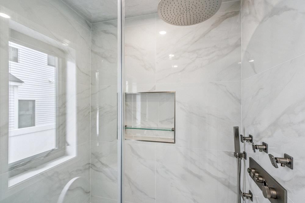 Bathroom, Glass Shower, Interior, Marble Walls, Recessed Lighting
