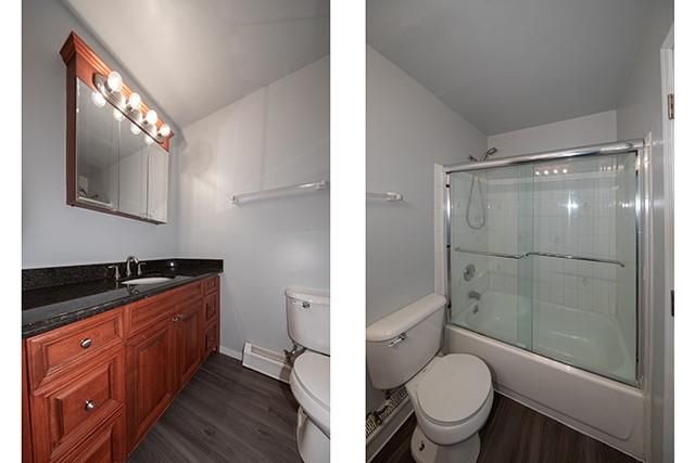 Bathroom, Glass Shower, Interior, Wood Texture Flooring