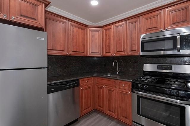Interior, Kitchen, Recessed Lighting, Stainless Steel Appliances, Wood Texture Flooring