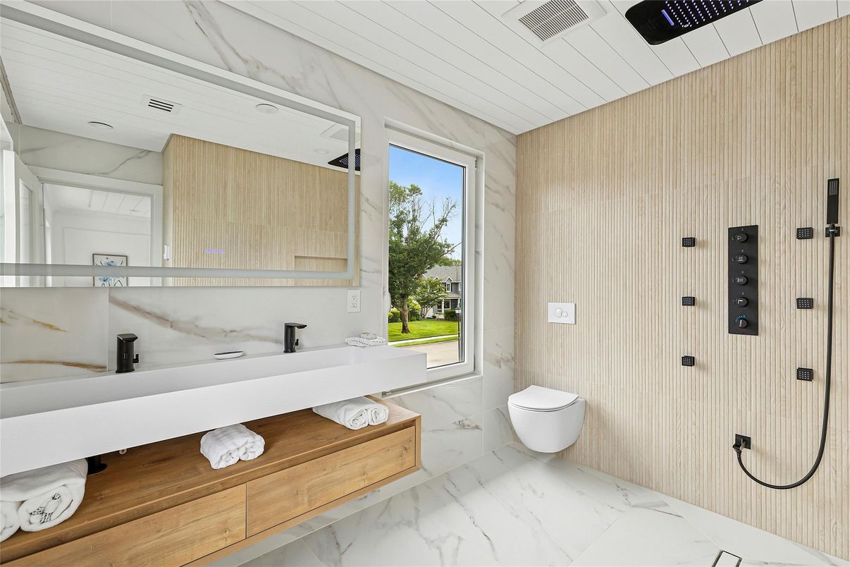 Bathroom, Interior, Marble, Recessed Lighting, Wooden Walls