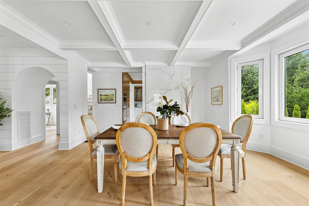 Dining room, Interior, Recessed Lighting, Wood Texture Flooring