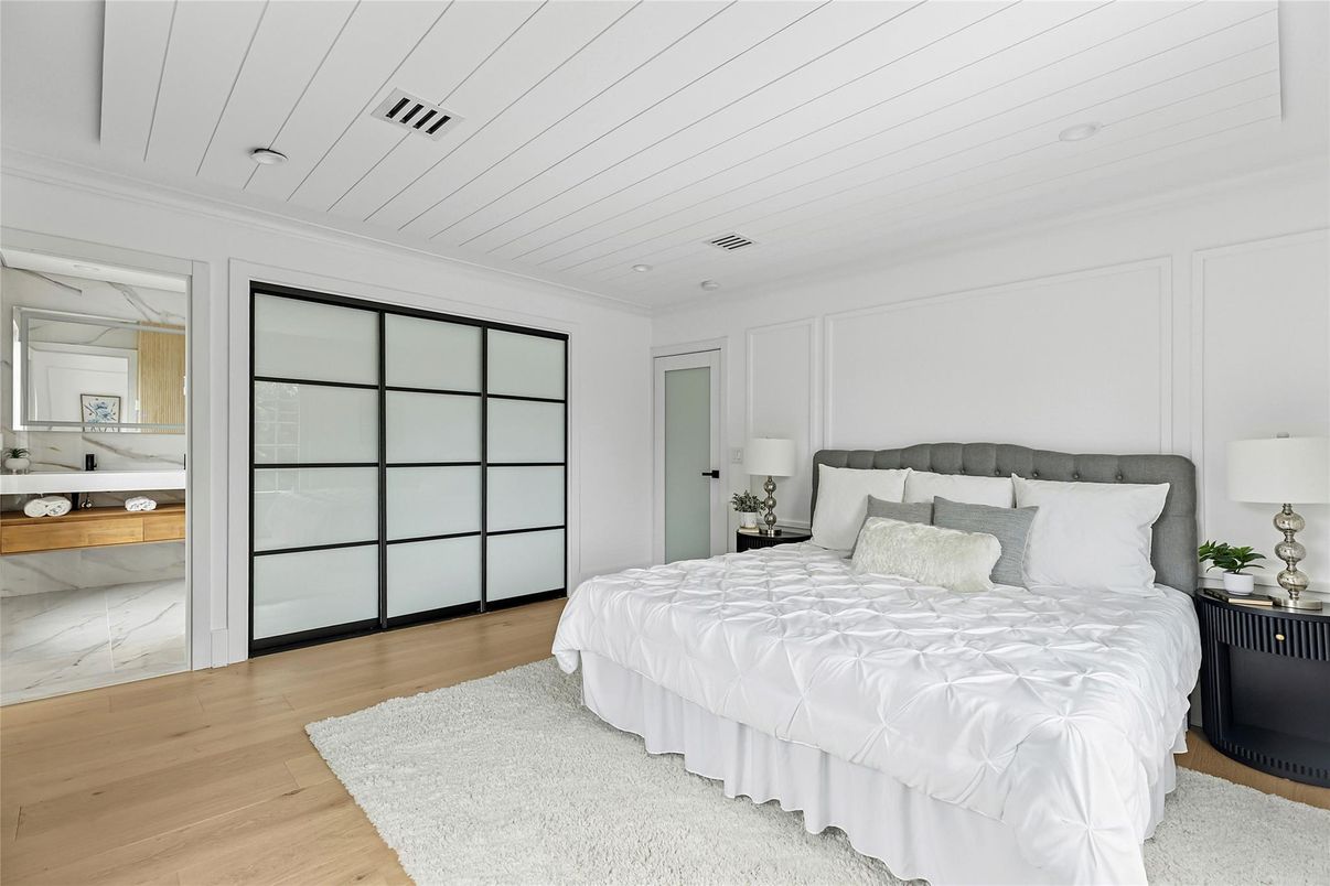 Bedroom, Interior, Marble, Recessed Lighting, Wood Texture Flooring