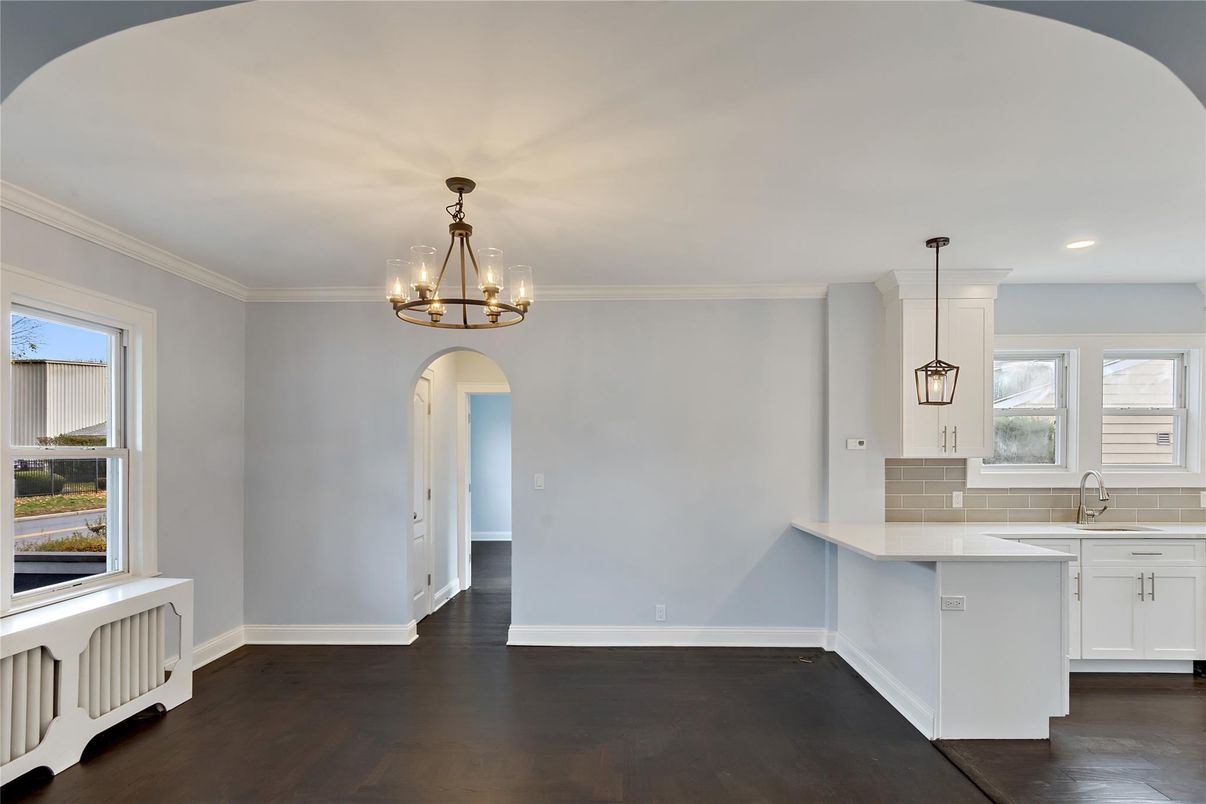 Chandelier, Interior, Kitchen, Pendant Lights, Recessed Lighting, Wood Texture Flooring