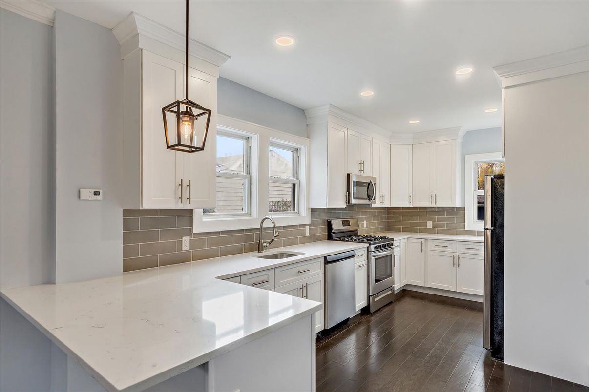Interior, Kitchen, Pendant Lights, Recessed Lighting, Stainless Steel Appliances, Wood Texture Flooring