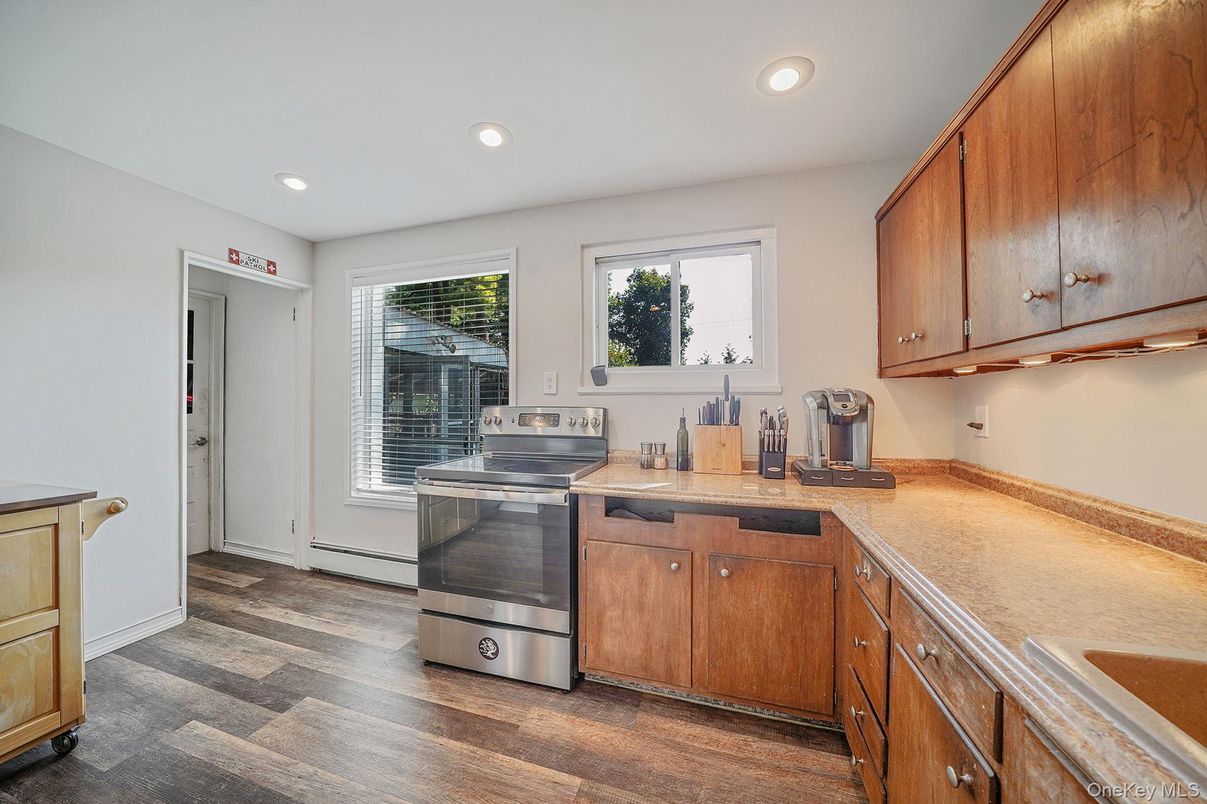 Interior, Kitchen, Recessed Lighting, Stainless Steel Appliances, Wood Texture Flooring