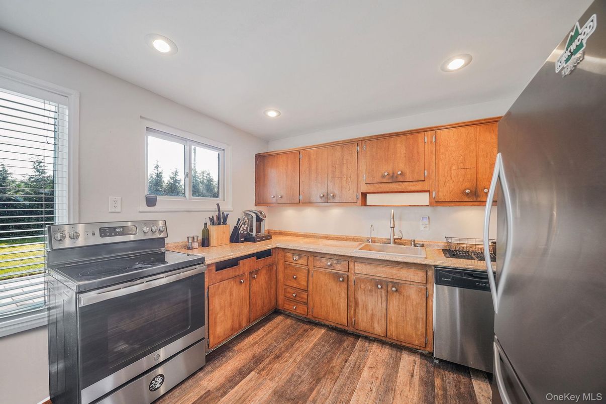 Interior, Kitchen, Recessed Lighting, Stainless Steel Appliances, Wood Texture Flooring