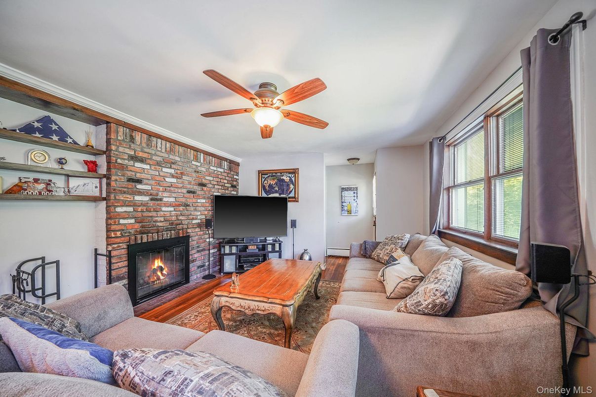 Fireplace, Interior, Living room, Stone Walls, Wood Texture Flooring
