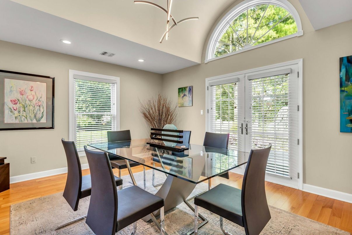 Dining room, Interior, Recessed Lighting, Wood Texture Flooring