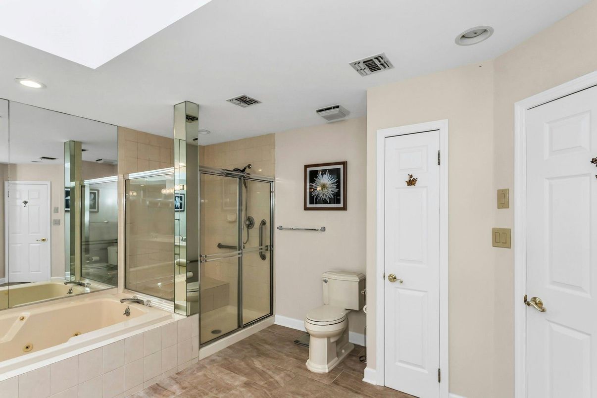 Bathroom, Glass Shower, Interior, Recessed Lighting, Wood Texture Flooring