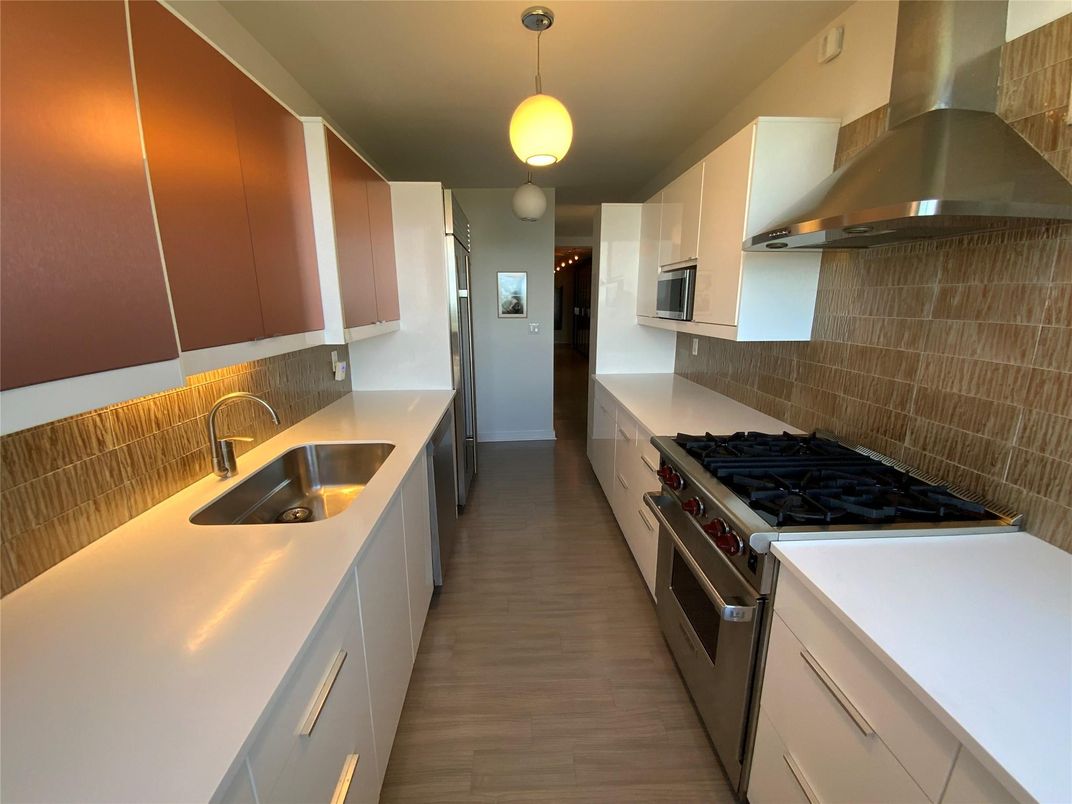 Interior, Kitchen, Pendant Lights, Stainless Steel Appliances, Wood Texture Flooring