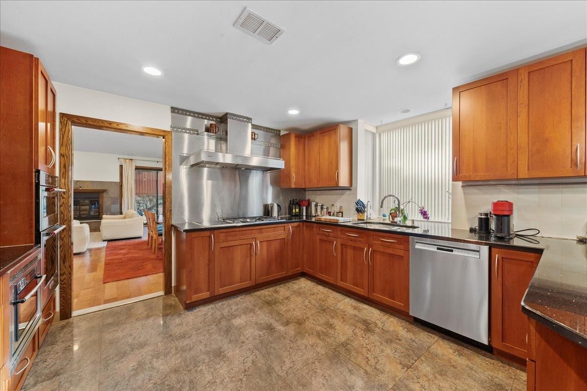 Fireplace, Interior, Kitchen, Living room, Recessed Lighting, Stainless Steel Appliances