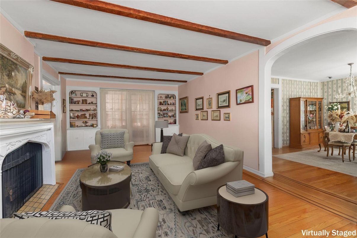 Chandelier, Dining room, Fireplace, Interior, Living room, Wooden Beams, Wood Texture Flooring