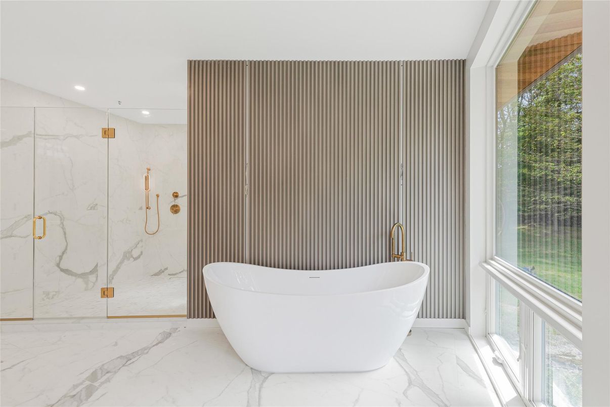 Bathroom, Free Standing Baths, Glass Shower, Interior, Marble, Marble Walls, Recessed Lighting
