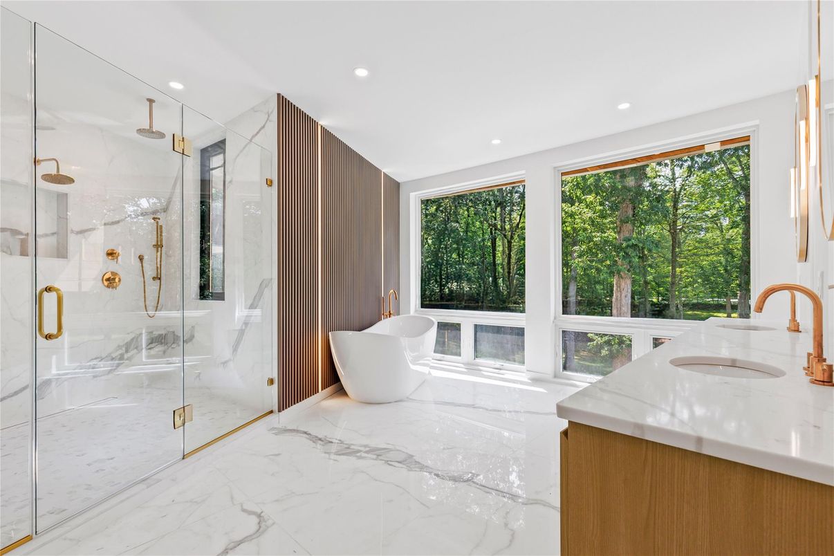 Bathroom, Dual Sink Vanities, Free Standing Baths, Glass Shower, Interior, Marble, Marble Walls, Recessed Lighting