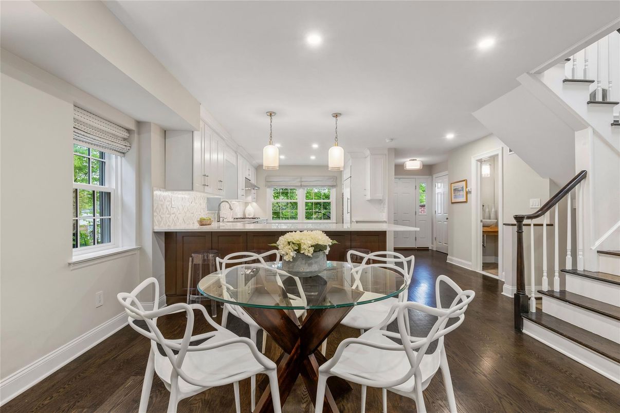 Dining room, Interior, Pendant Lights, Recessed Lighting, Wood Texture Flooring