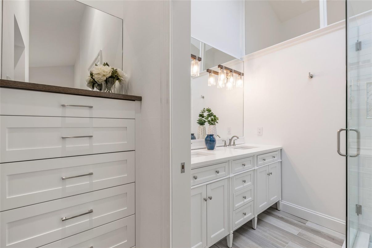 Bathroom, Dual Sink Vanities, Glass Shower, Interior, Wood Texture Flooring