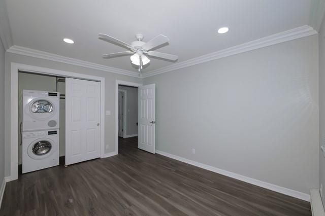 Empty room, Interior, Recessed Lighting, Utility Closets, Washer, Wood Texture Flooring