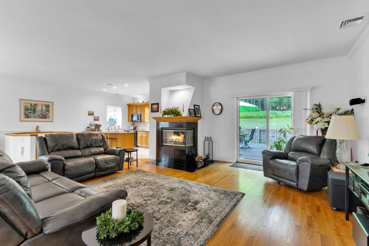 Fireplace, Interior, Kitchen, Living room, Recessed Lighting, Wood Texture Flooring