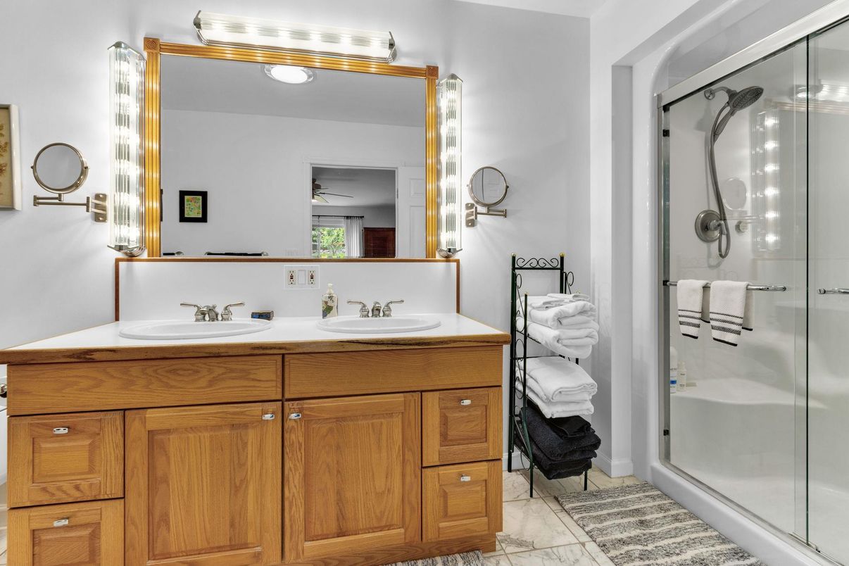 Bathroom, Dual Sink Vanities, Glass Shower, Interior, Marble